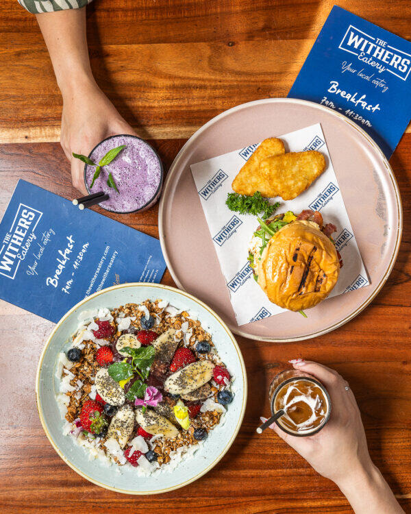 breakfast table, acai bowl, burger, thewitherseatery